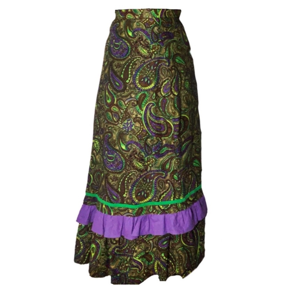 Vintage 70s Hippie Handmade Psychedelic Paisley Print Green Purple Maxi skirt.